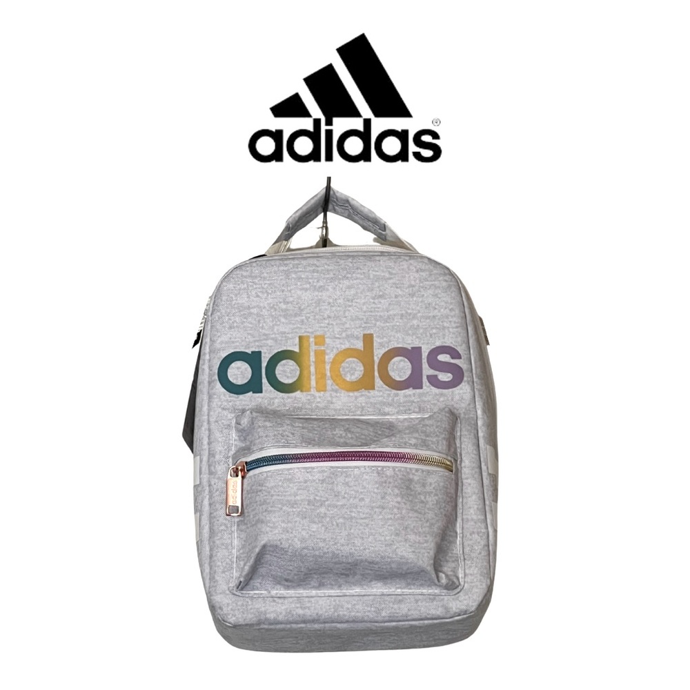 NWT Adidas Insulated Santiago Lunch gray with rainbow letters rose gold zipper